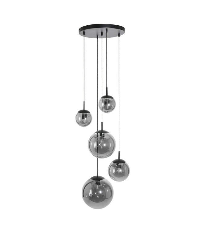 Vide Hanglamp bollique rond plaat 41cm 5 glazen bollen smoke
