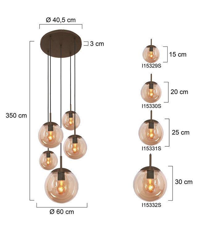 Vide Hanglamp bollique rond plaat 41cm cacao 5 glazen bollen amber