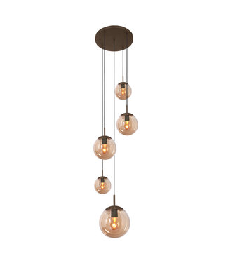 Steinhauer Vide Hanglamp bollique rond plaat 41cm cacao 5 glazen bollen amber