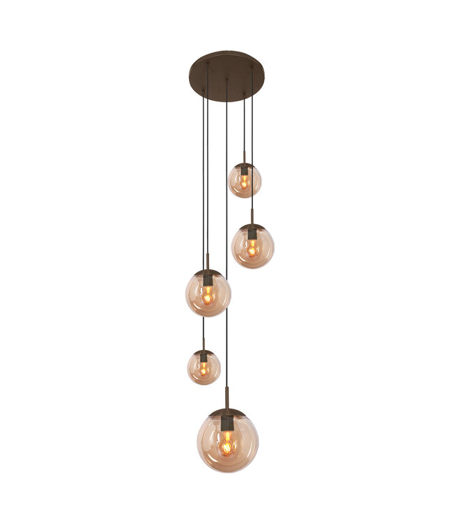 Vide Hanglamp bollique rond plaat 41cm cacao 5 glazen bollen amber