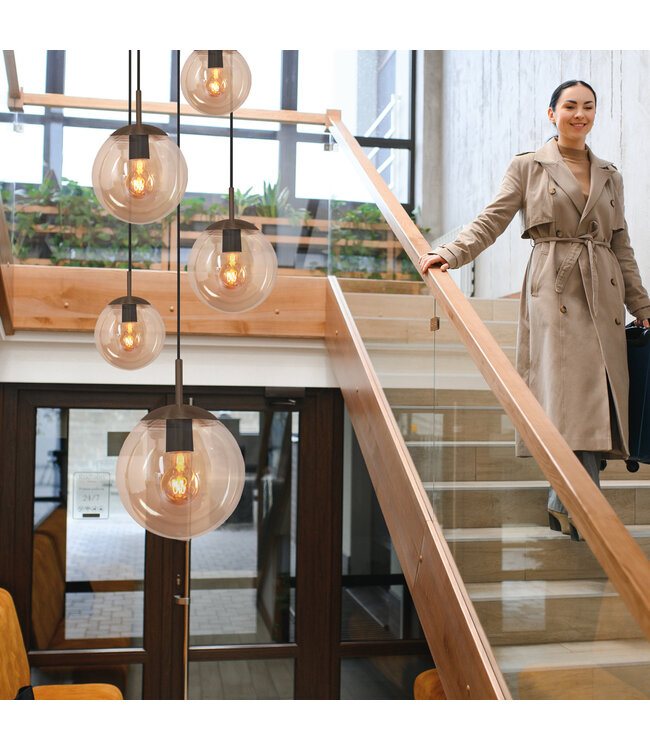 Vide Hanglamp bollique rond plaat 41cm cacao 5 glazen bollen amber