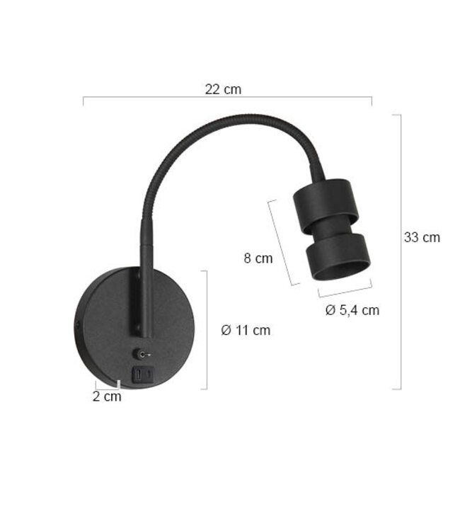 Wandlamp Upround zwart met usb poort