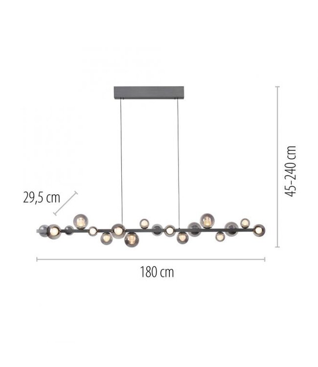Hanglamp 180cm platinum grey met  bollen in hoogte verstelbaar