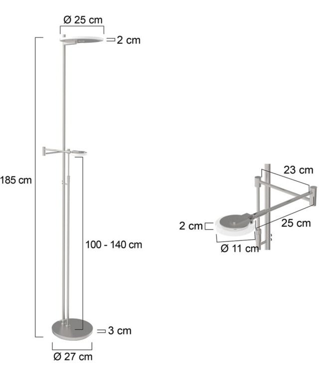Fraaie uplighter rvs met leesarm dim to warm met italiaans glas