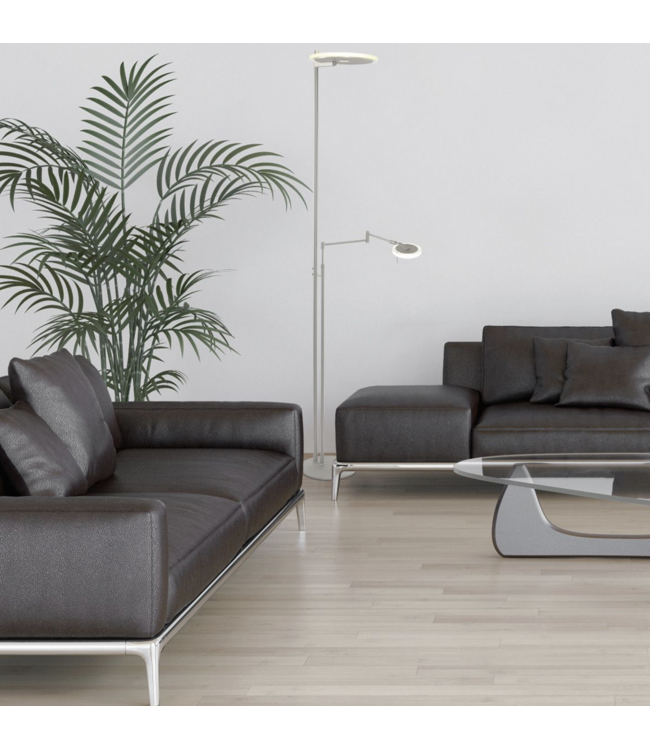 Fraaie uplighter rvs met leesarm dim to warm met italiaans glas