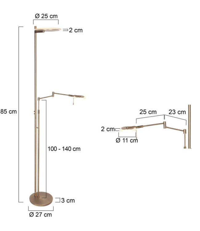 Fraaie uplighter brons  met leesarm dim to warm met italiaans glas