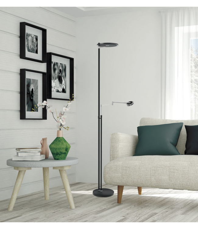Fraaie uplighter zwart  met leesarm dim to warm met italiaans glas