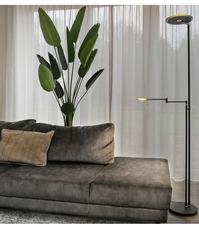 Fraaie uplighter zwart  met leesarm dim to warm met italiaans glas