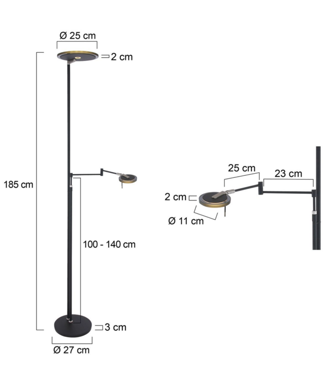 Fraaie uplighter zwart  met leesarm dim to warm met italiaans glas