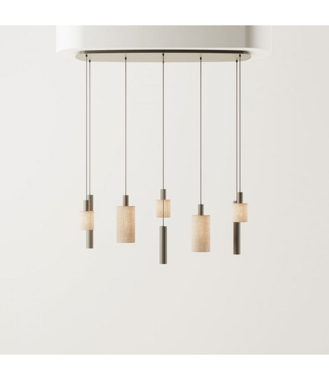 Deens ovale hanglamp quartz met spots en linnen kapjes incl lichtbronnen
