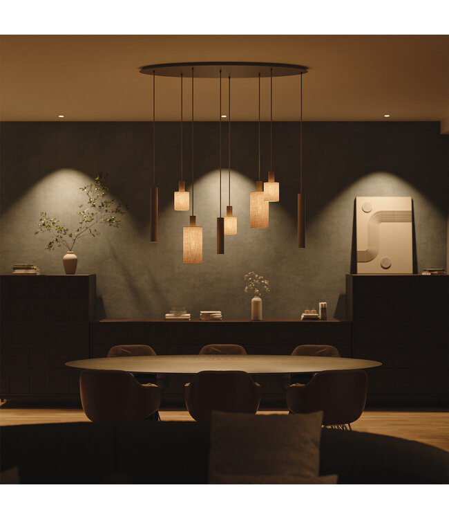 Deens ovale hanglamp quartz met spots en linnen kapjes incl lichtbronnen