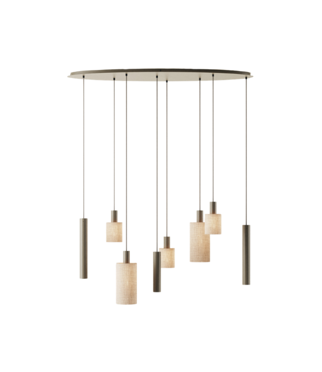 Ovale hanglamp portafino quartz 140cm-50cm met spots en linnen kapjes incl lichtbronnen
