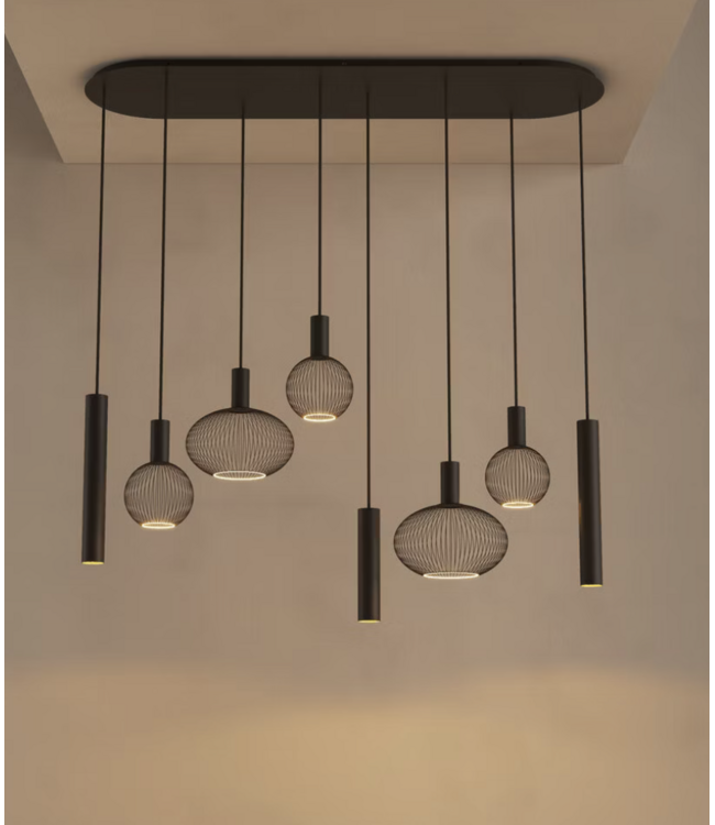 Ovale hanglamp Platinum 140cm met spots en sierlampen