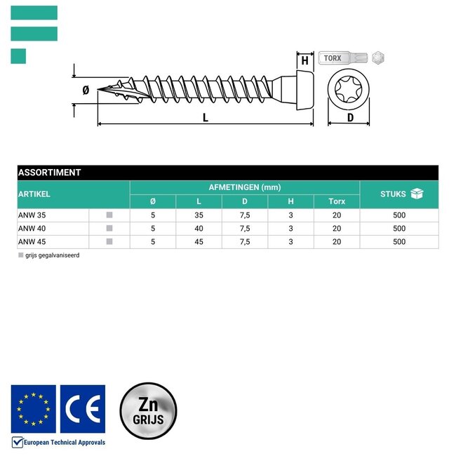 Ankerschroef grijs verzinkt 5 x 45 mm Torx 20 (500 stuks)