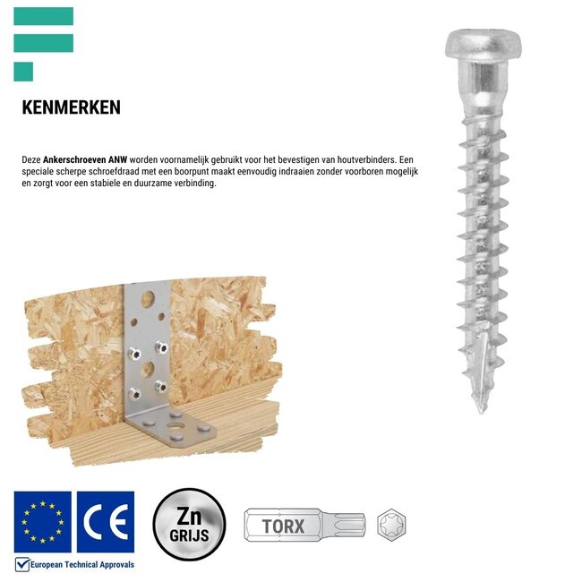 Ankerschroef grijs verzinkt 5 x 45 mm Torx 20 (500 stuks)