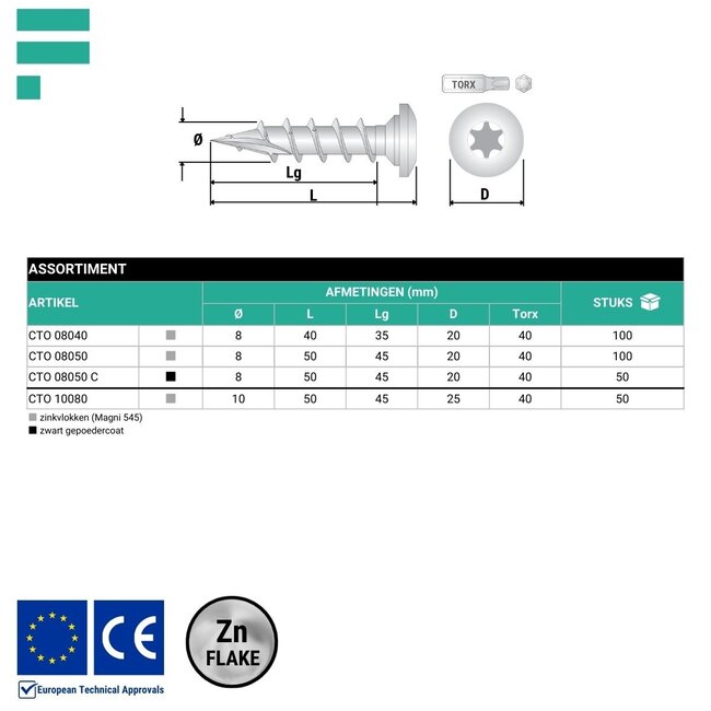 Tuinschroef zinkvlok gecoat 8 x 50 mm (100 stuks)