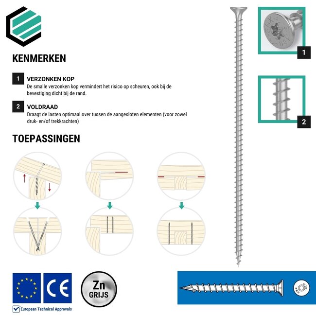 Voldraadschroef 10 x 320 mm grijs verzinkt Torx 50 (50 stuks)