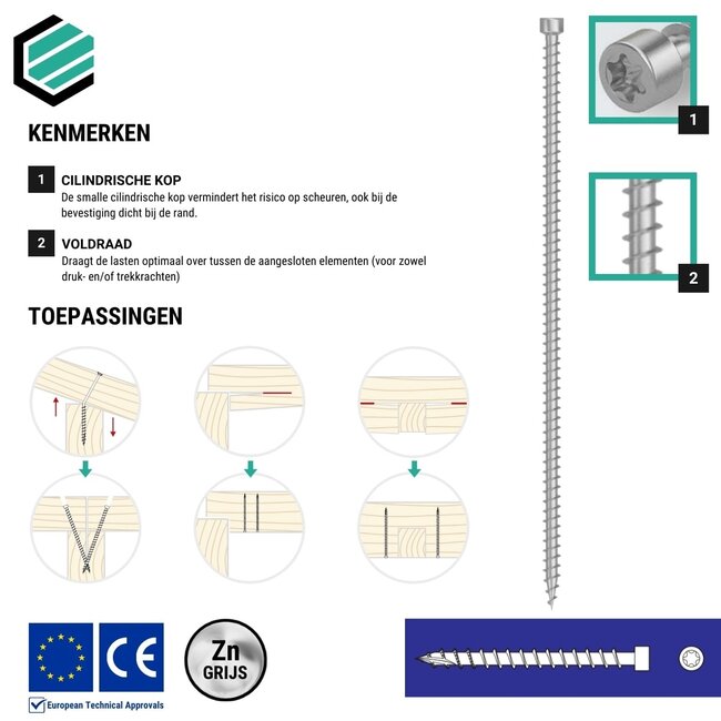 Voldraadschroef 6 x 140 mm grijs verzinkt Torx 30 (100 stuks)