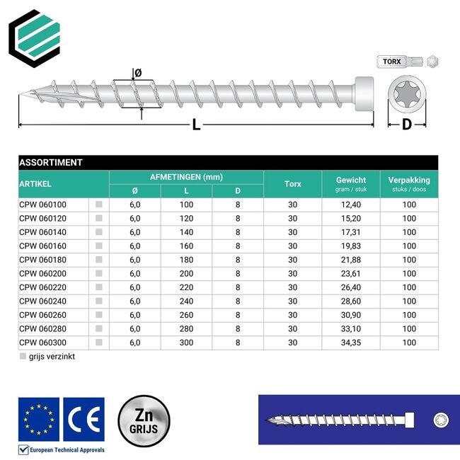 Voldraadschroef 6x 280 mm grijs verzinkt Torx 30 (100 stuks)