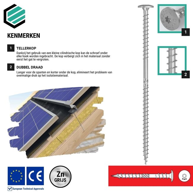 Isolatieschroef 8 x 300 mm grijs verzinkt Torx 40 (50 stuks)