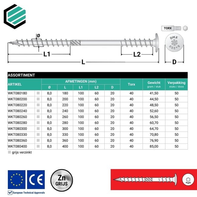 Isolatieschroef 8 x 360 mm grijs verzinkt Torx 40 (50 stuks)