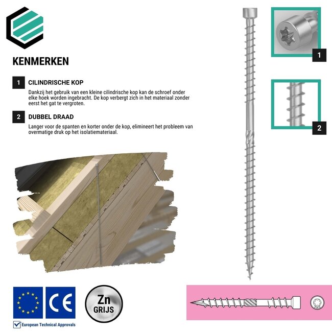 Isolatieschroef 8 x 260 mm grijs verzinkt Torx 40 (50 stuks)