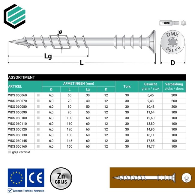 Afstandschroef 6 x 120 mm grijs verzinkt Torx 40 (100 stuks)