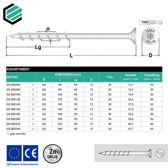 Cellenbetonschroef 8 x 80 mm grijs verzinkt Torx 30 (50 stuks)
