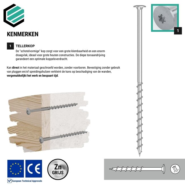 Cellenbetonschroef 8 x 160 mm grijs verzinkt Torx 30 (50 stuks)