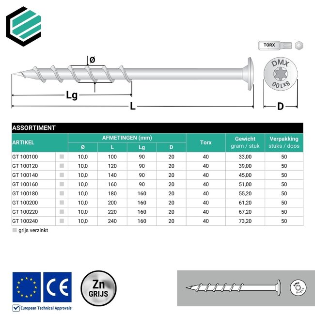 Cellenbetonschroef 10 x 200 mm grijs verzinkt Torx 30 (50 stuks)