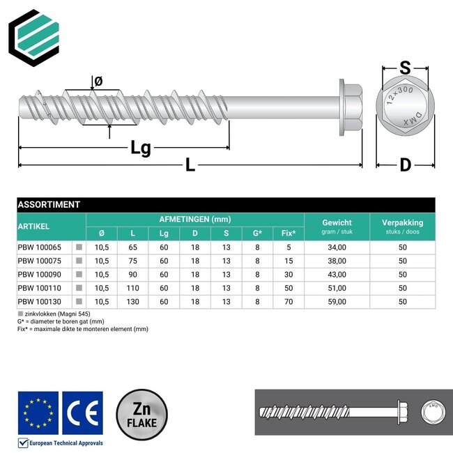 Betonschroef 10,5 x 65 mm zinkvlok gecoat (50 stuks)