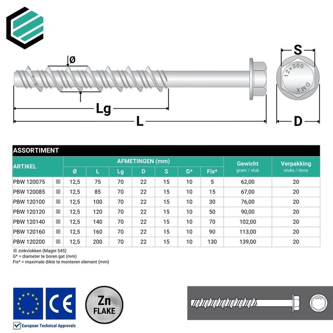 Betonschroef 12,5 x 160 mm zinkvlok gecoat (20 stuks)