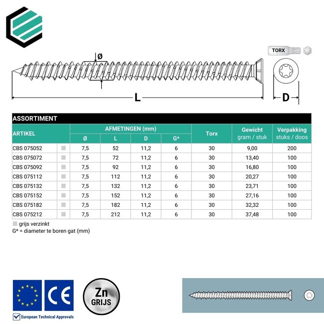 Kozijnschroef 7,5 x 52 mm grijs verzinkt Torx 30 (200 stuks)