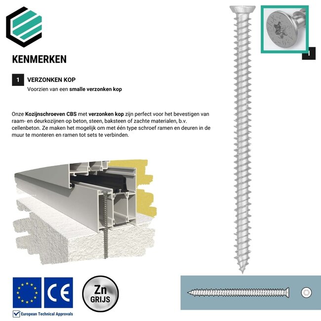 Kozijnschroef 7,5 x 52 mm grijs verzinkt Torx 30 (200 stuks)