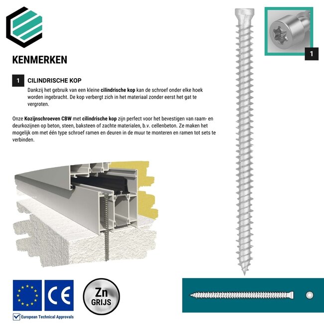 Kozijnschroef 7,5 x 72 mm grijs verzinkt Torx 30 (100 stuks)