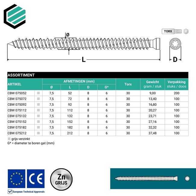 Kozijnschroef 7,5 x 152 mm grijs verzinkt Torx 30 (100 stuks)