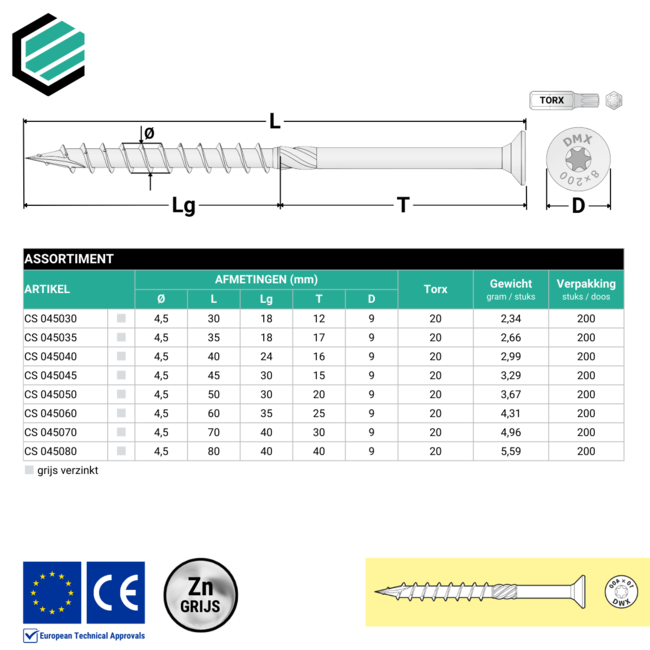 Spaanplaatschroef 4.5 x 70 mm grijs verzinkt Torx 20 (200 stuks)
