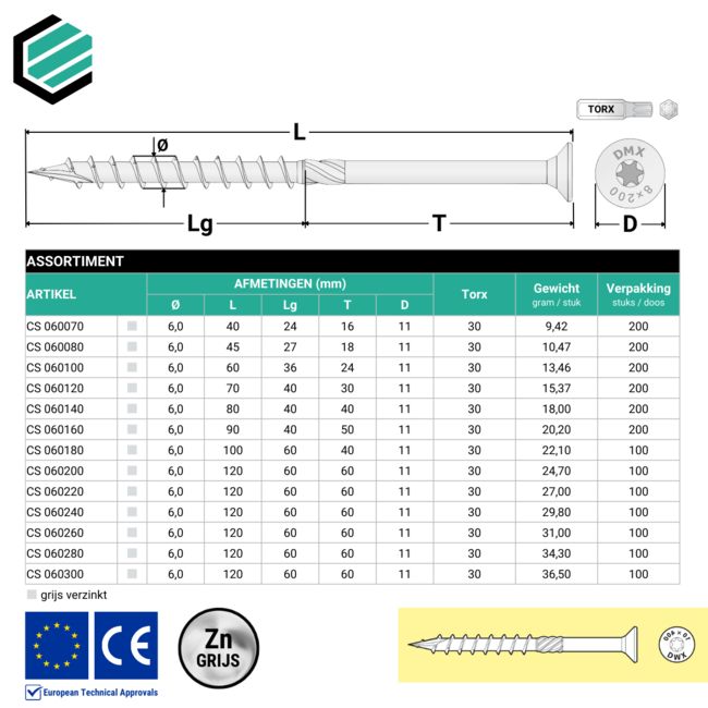 Spaanplaatschroef 6 x 80 mm grijs verzinkt Torx 30 (200 stuks)