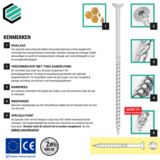 Spaanplaatschroef 8 x 180 mm grijs verzinkt Torx 40 (50 stuks)