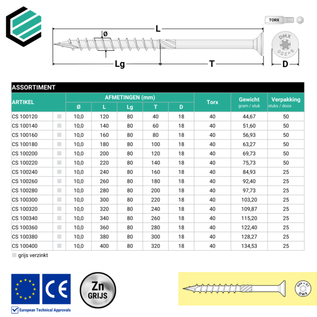 Spaanplaatschroef 10.0 x 360 mm grijs verzinkt Torx 40 (50 stuks)