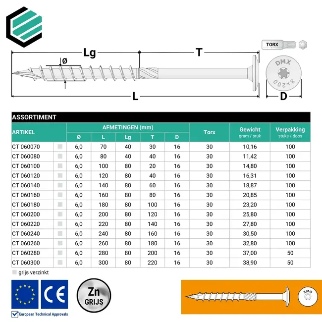 Tellerkopschroef 6.0 x 80 mm grijs verzinkt Torx 30 (100 stuks)