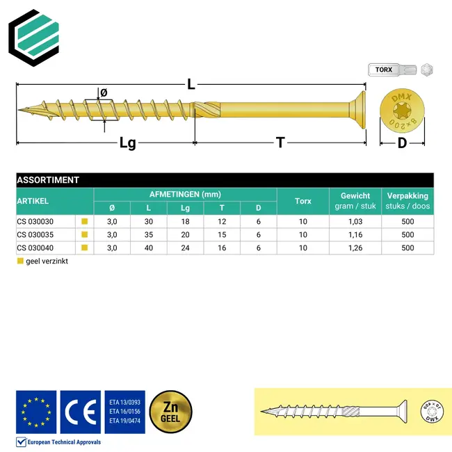 Spaanplaatschroef 3 x 35 mm geel verzinkt Torx 10 (500 stuks)