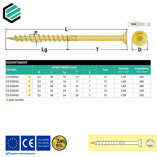 Spaanplaatschroef 3,5 x 30 mm geel verzinkt Torx 10 (200 stuks).