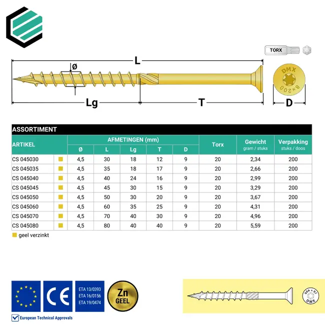 Spaanplaatschroef 4.5 x 50 mm geel verzinkt Torx 20 (200 stuks)