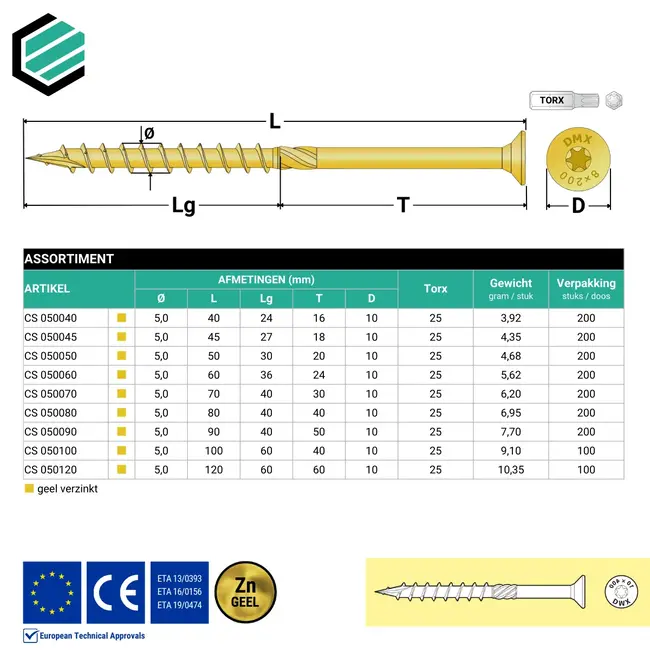 Spaanplaatschroef 5.0 x 60 mm geel verzinkt Torx 25 (200 stuks)