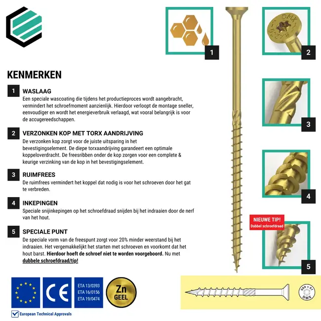 Spaanplaatschroef 6 x 280 mm geel verzinkt Torx 30 (100 stuks)