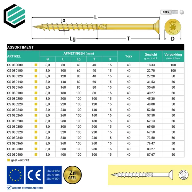 Spaanplaatschroef 8.0 x 80 mm geel verzinkt Torx 30 (100 stuks)
