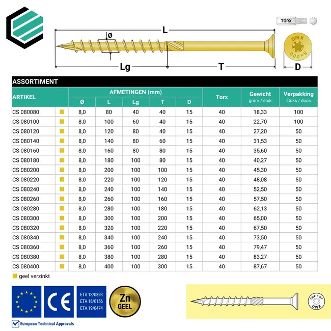 Spaanplaatschroef 8 x 100 mm geel verzinkt Torx 30 (100 stuks)