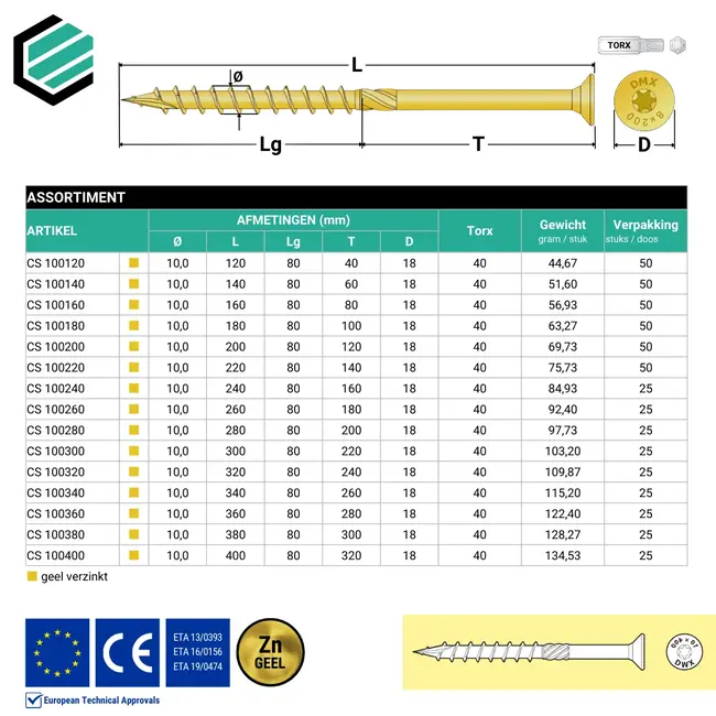 Spaanplaatschroef 10 x 160 mm geel verzinkt Torx 40 (50 stuks)