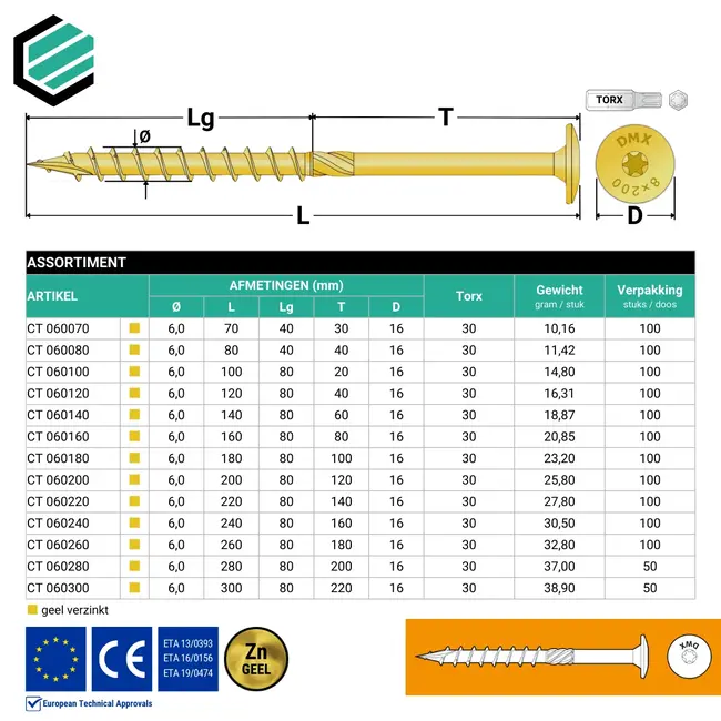 Tellerkopschroef 6.0 x 220 mm geel verzinkt Torx 30 (100 stuks)